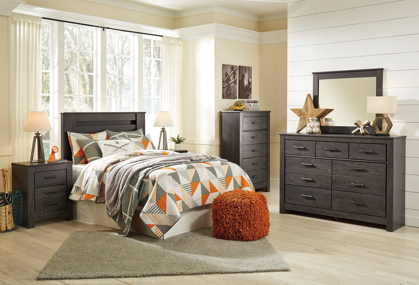 Brinxton Queen/Full Panel Headboard with Mirrored Dresser, Chest and Nightstand