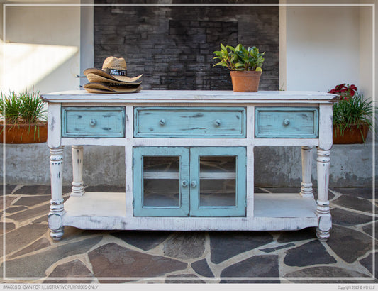 70" TV Stand in White Finish, w/3 sky blue drawers & 2 sky blue doors