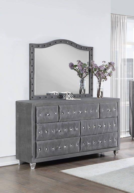 Deanna 7-drawer Upholstered Dresser with Mirror Grey