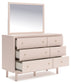 Wistenpine Twin Upholstered Panel Headboard with Mirrored Dresser, Chest and Nightstand