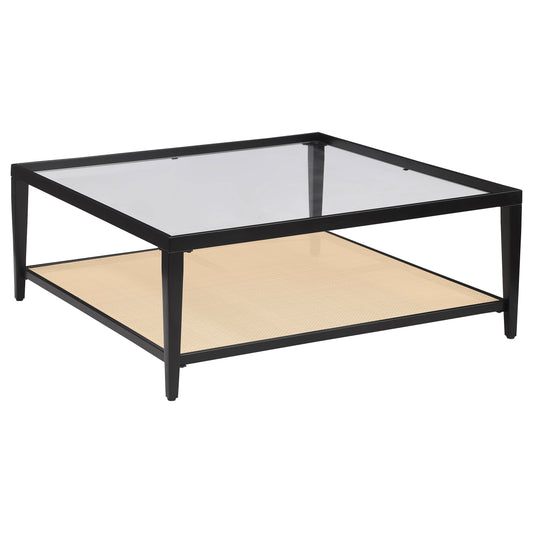 Amherst Glass Top Metal with Cane Shelf Coffee Table Black