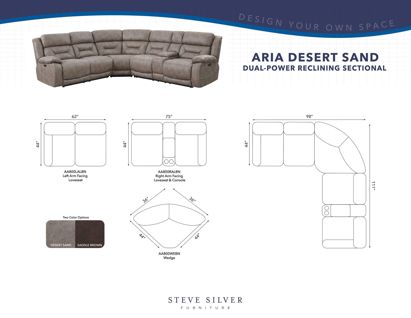 Aria 3-Piece Dual-Power Reclining Sectional, Desert Sand