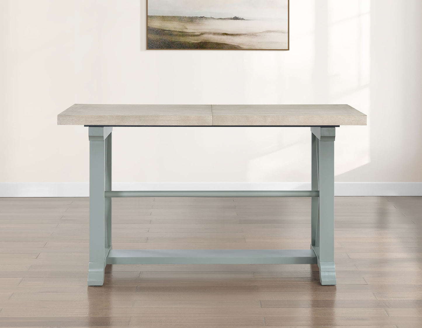 Darcy 64-82"Counter Table with 18-inch leaf, Mint Green and Natural Finish