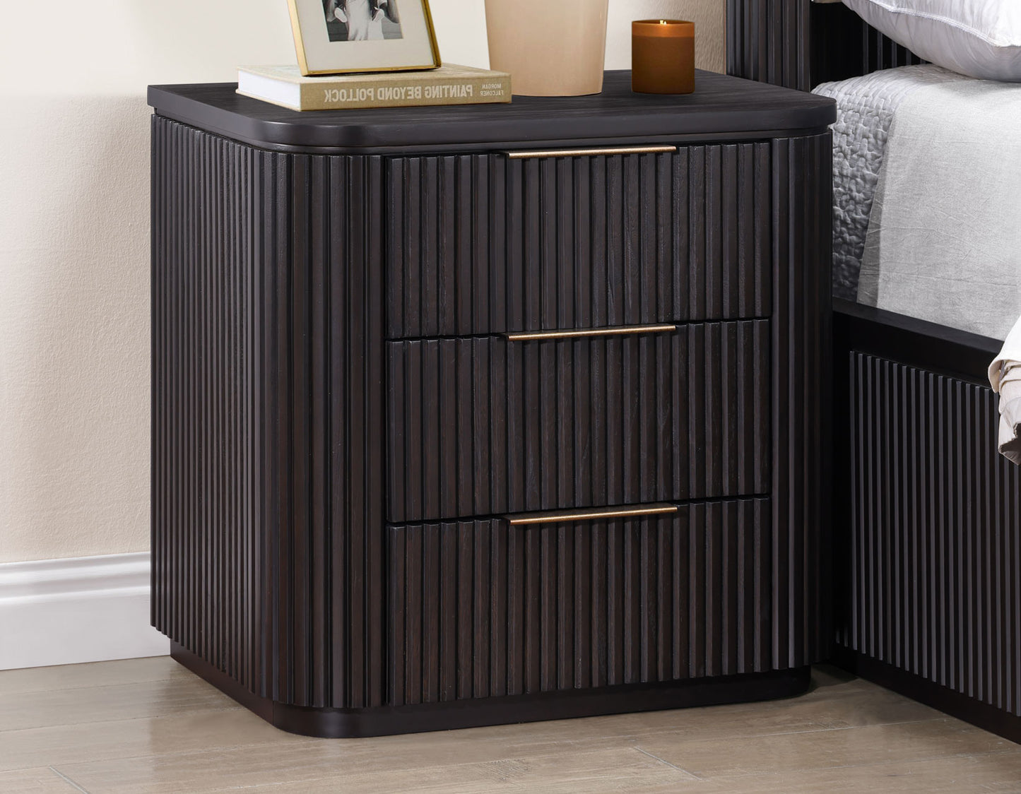 Henry Reeded 3-Drawer Nightstand with USB & Electric Outlets, Espresso Finish