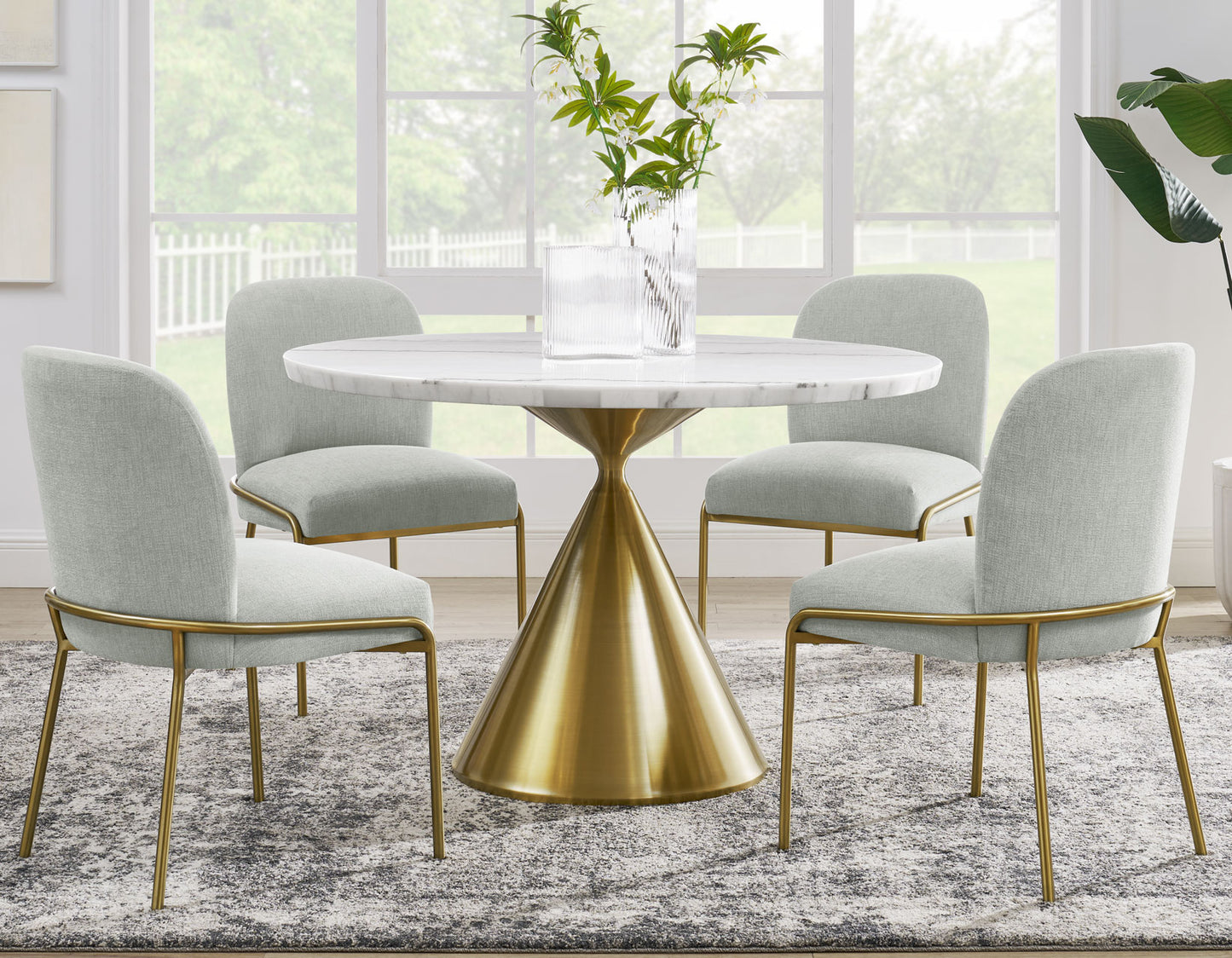 Conrad 5-Piece 48" Round White Marble Dining Set with Gold Base