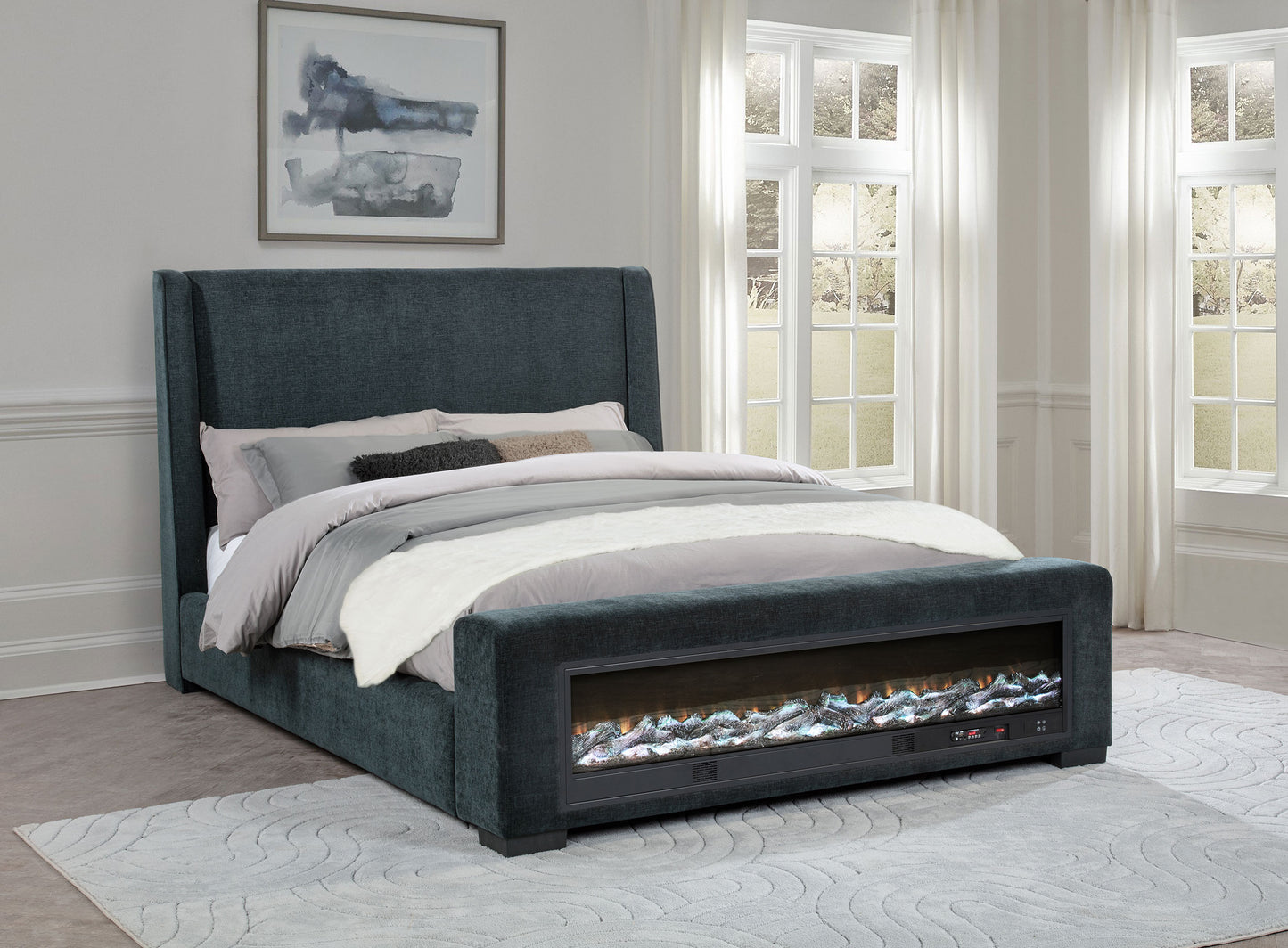 Preston Upholstered Queen Audio Fireplace Bed Blue