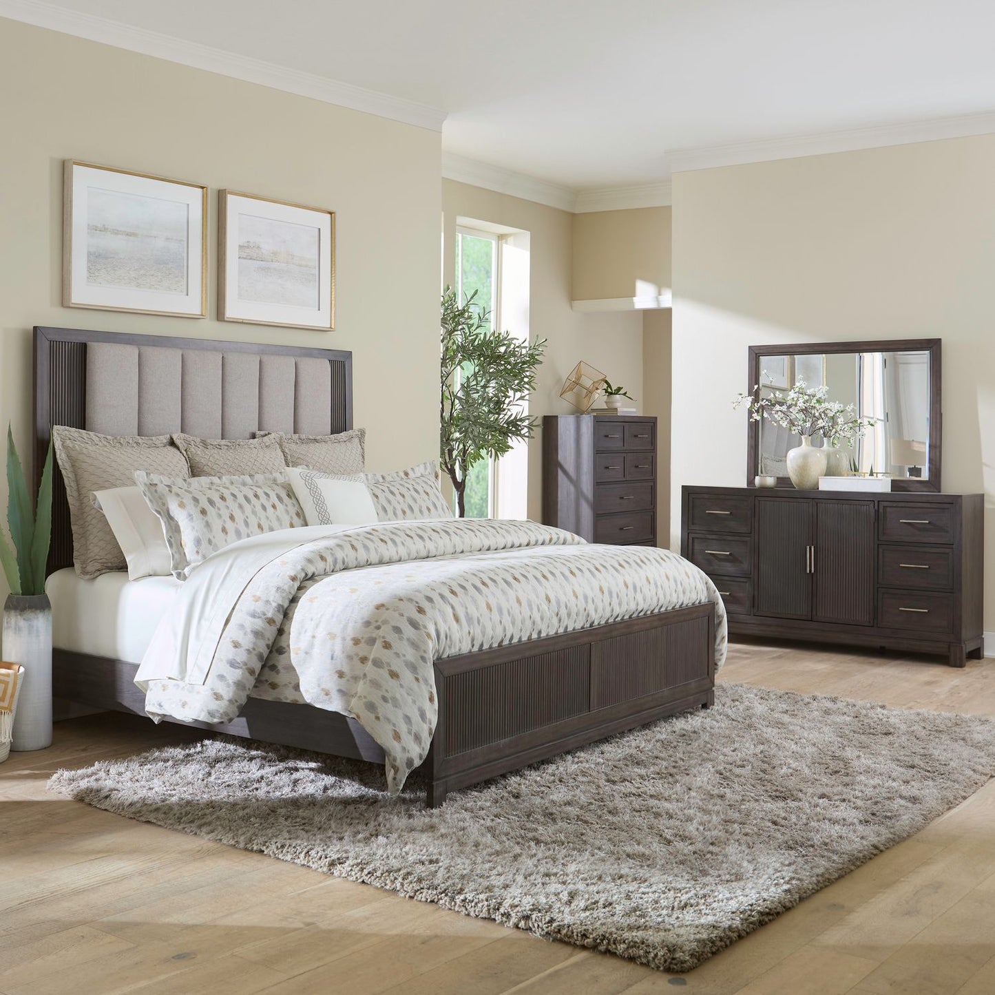 Modern Edge - Queen Uph Bed, Dresser & Mirror, Chest