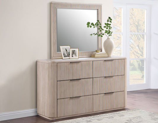 Henry 65" 6-Drawer Reeded Dresser and Mirror, Tan Finish