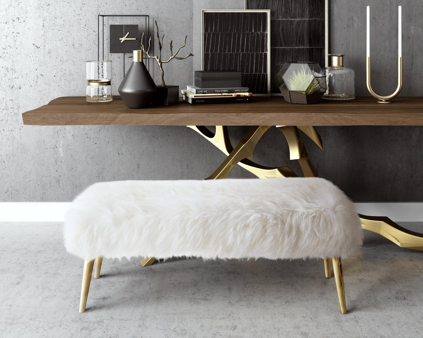 Churra White Sheepskin Bench with Gold Legs