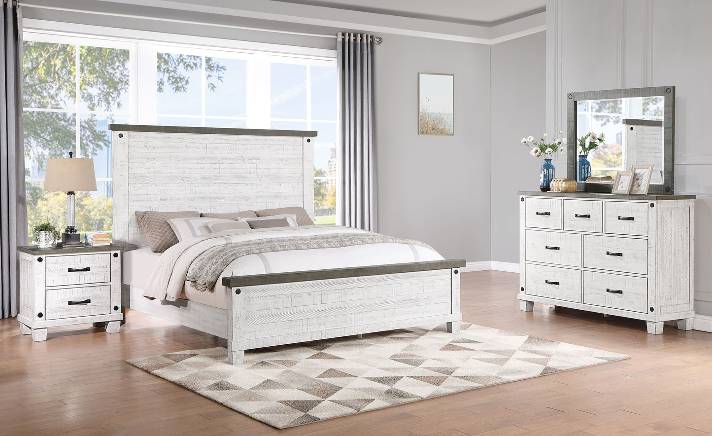 Lilith 4-piece Eastern King Bedroom Set Distressed White