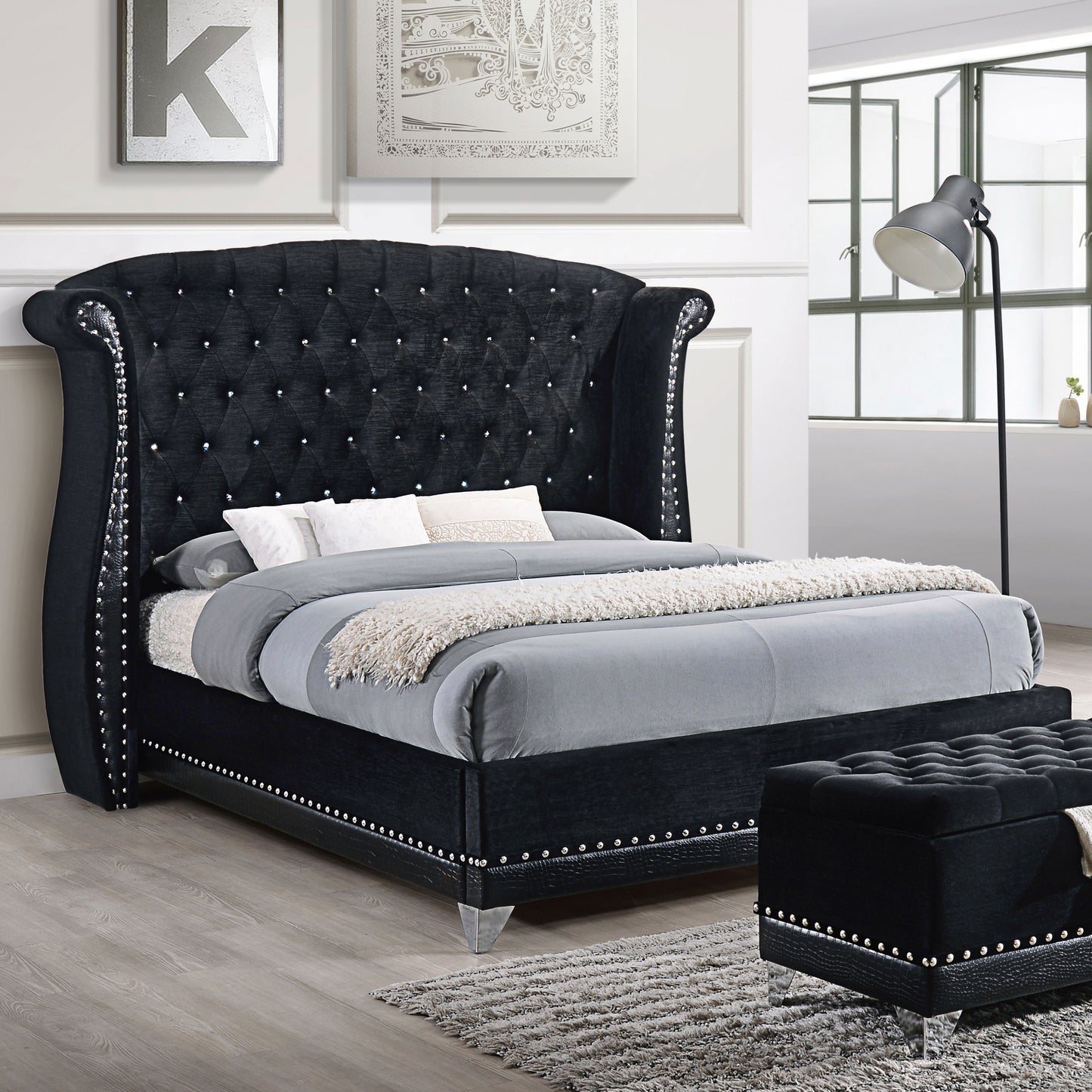 Barzini Upholstered Eastern King Wingback Bed Black