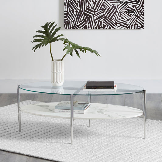 Cadee Oval Glass Top Coffee Table White and Chrome