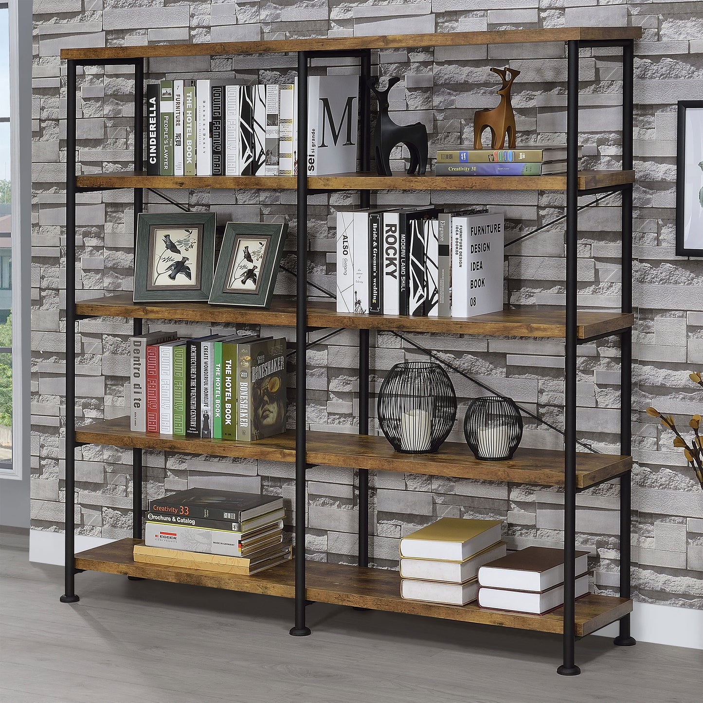 Analiese 63-inch 4-shelf Double Bookshelf Rustic Nutmeg