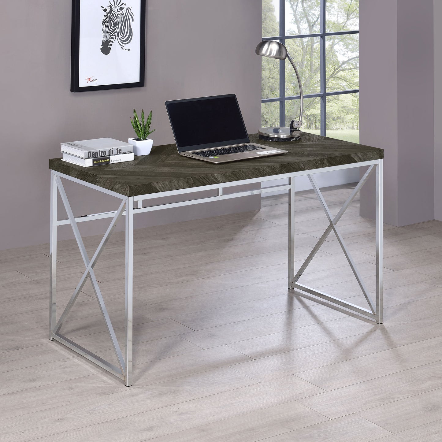 Grimma 47-inch Writing Office Desk Rustic Grey and Chrome